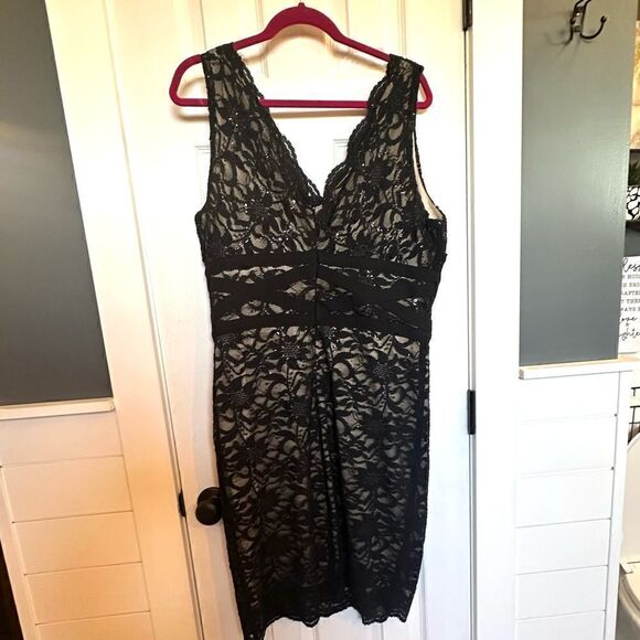 Ronnie Nicole Black Lace over Nude Sheath Dress Sz 16 Beautiful Lined Slimming - Picture 5 of 5